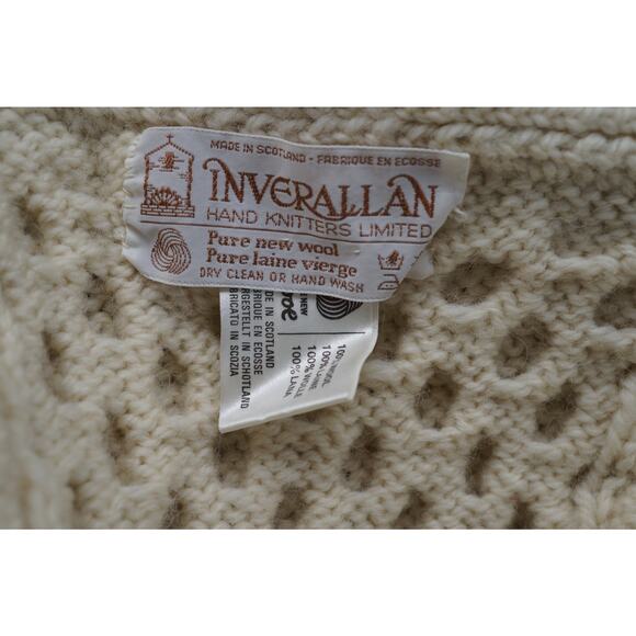Inverallan Hand Knitted Shawl Collar Cardigan Ivory Pure New Wool Cable Pockets - Picture 9 of 10
